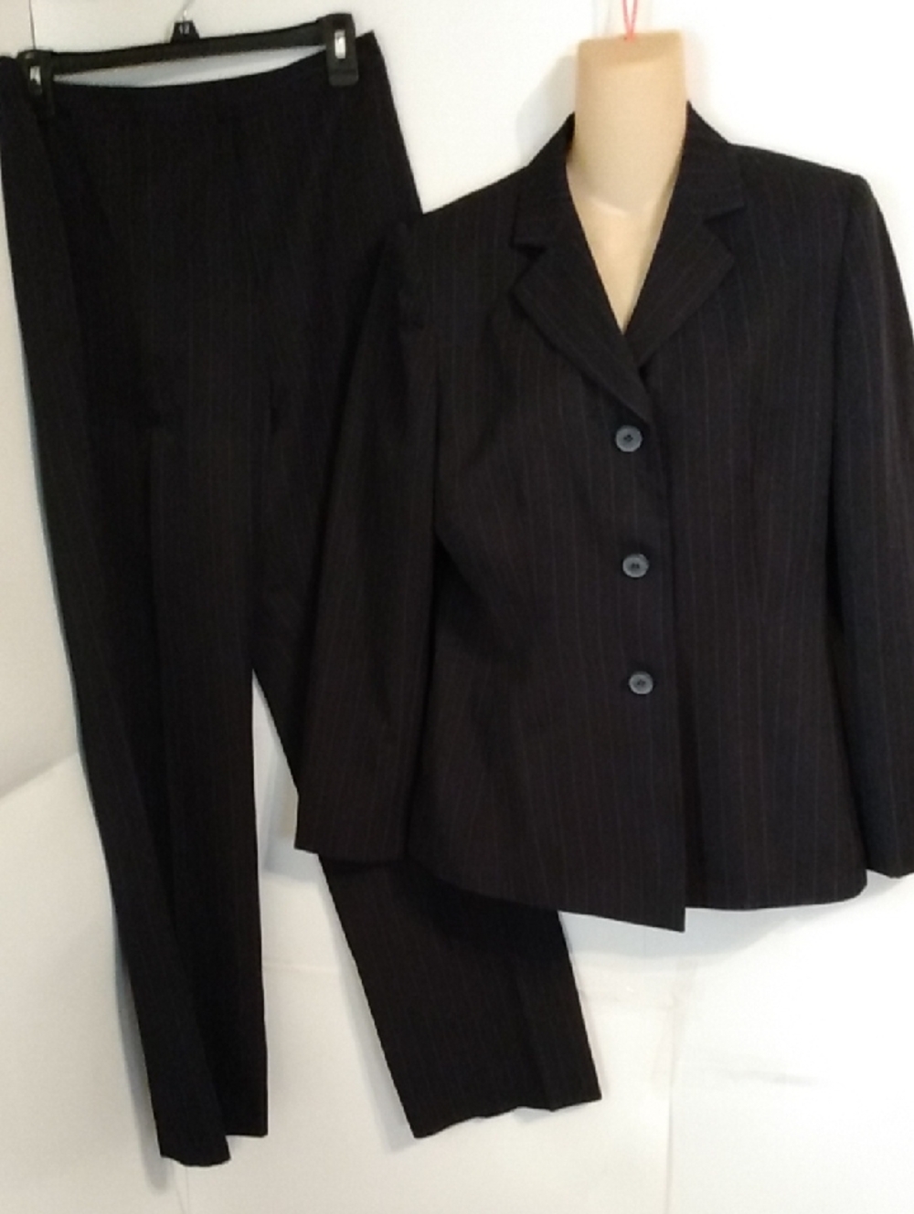 Pin Striped Black Blue Pantsuit Lesuit Corporate Church Sales Pharma rep